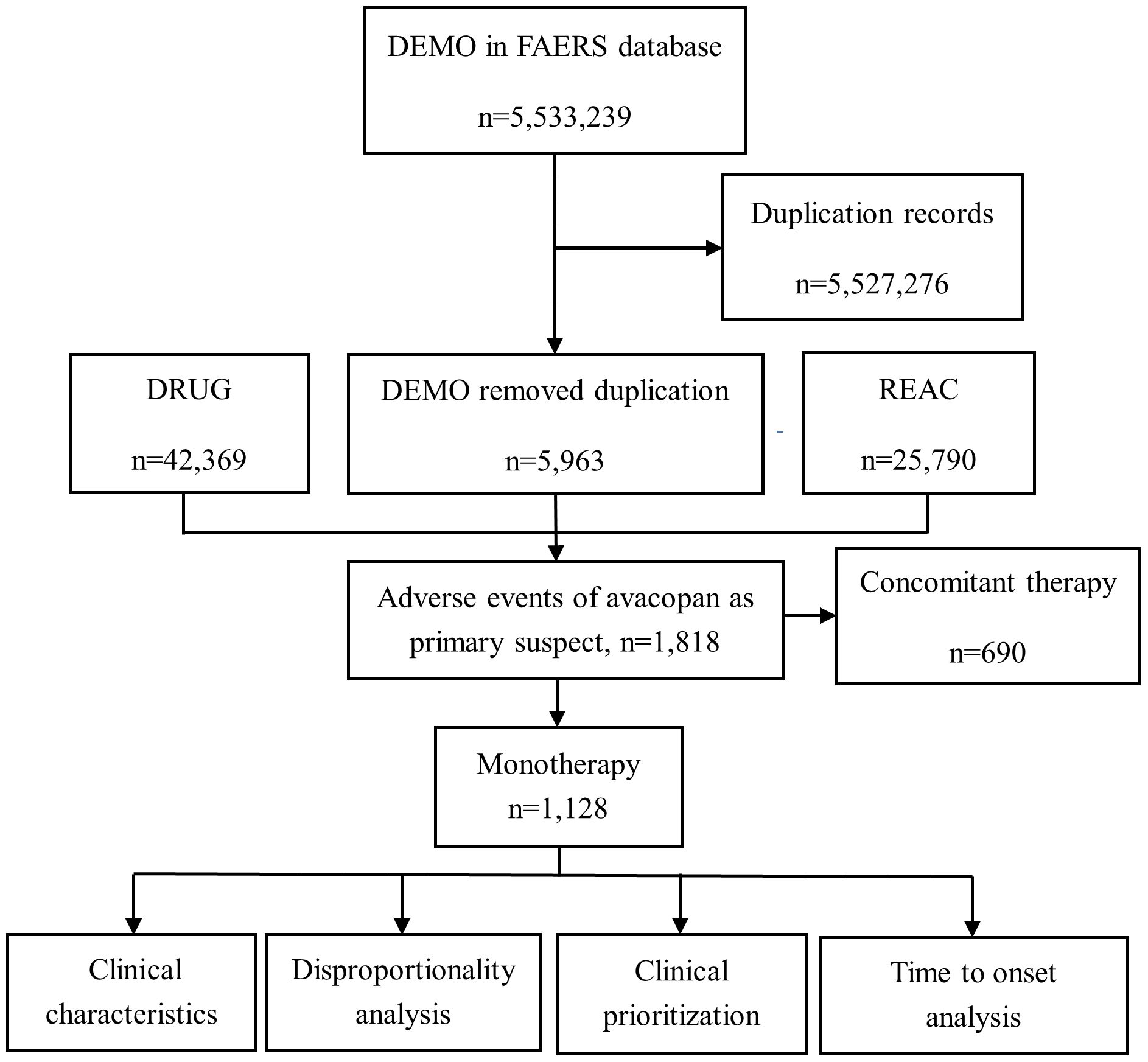 Flowchart depicting data processing steps in the FAERS database. Initial entries, n equals five million five hundred thirty-three thousand two hundred thirty-nine, are filtered to remove duplications, resulting in n equals five thousand nine hundred sixty-three. Subsequent analysis results in adverse events related to avacopan, n equals one thousand eight hundred eighteen. This is further divided into monotherapy cases, n equals one thousand one hundred twenty-eight, leading to four analysis categories: clinical characteristics, disproportionality analysis, clinical prioritization, and time to onset analysis. Concomitant therapy involves n equals six hundred ninety.