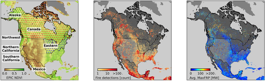 Three-panel map of North America. Left: Vegetation index (EPIC NDVI) with green indicating high and brown low vegetation in regions like Canada and California. Middle: Fire detections showing high counts in yellow to red, particularly in the southern U.S. Right: Average maximum fire radiative power (MaxFRP) with blue indicating low and red high power, prevalent across the southern areas.
