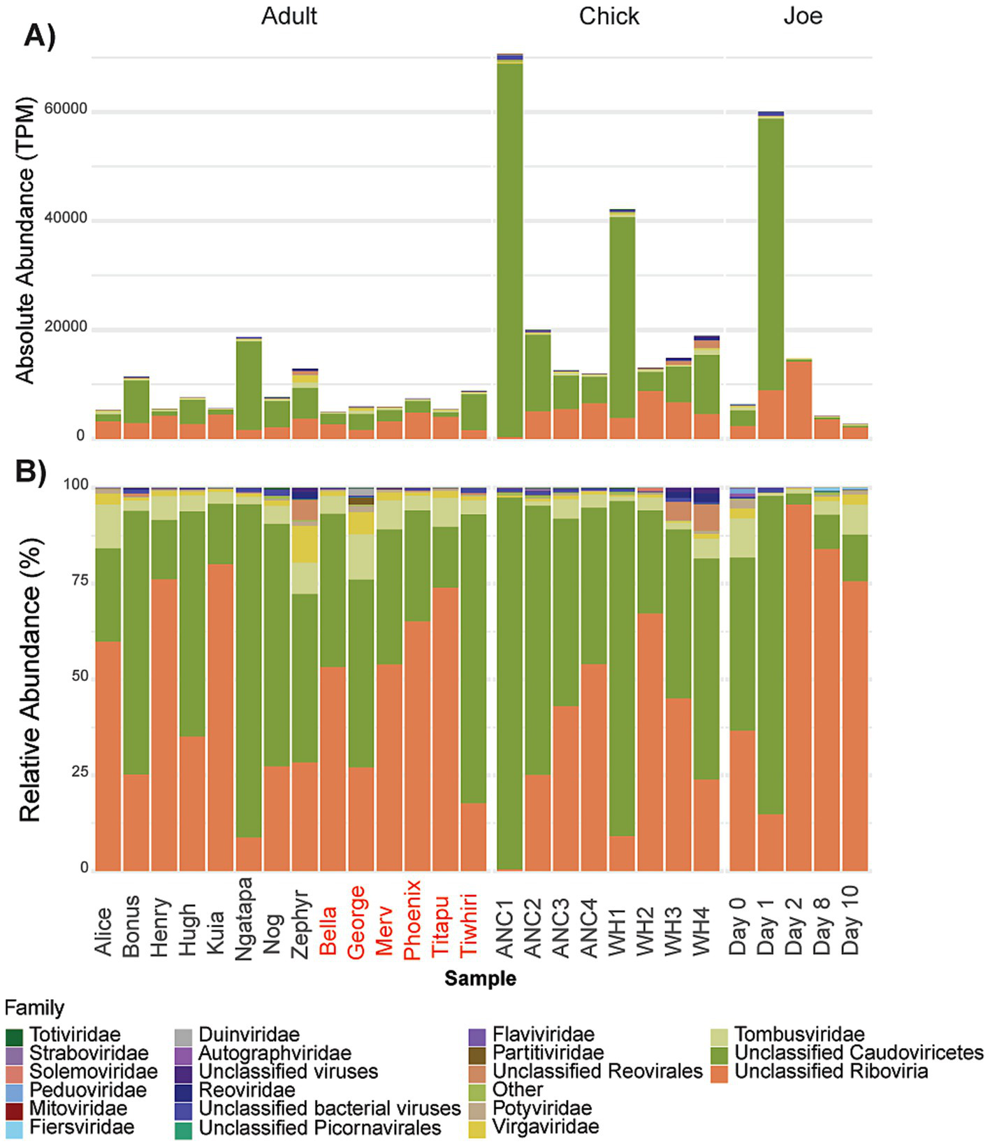 Bar charts showing the absolute and relative abundance of various viral families across different samples labeled as Adult, Chick, and Joe. Chart A depicts absolute abundance in TPM, while Chart B represents relative abundance in percentages. The samples include names like Alice, Bonus, and more. Viral families are color-coded, with a legend indicating groups such as Totiviridae, Straboviridae, and others.