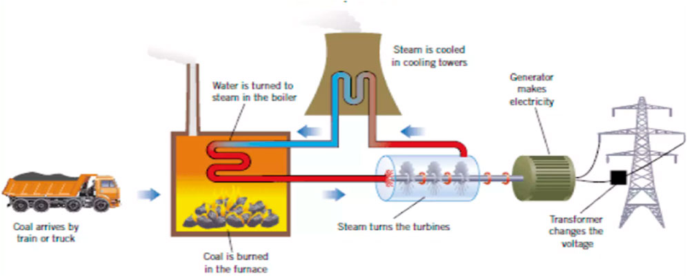 Diagram illustrating coal power generation. Coal arrives via truck, burned in a furnace. Water turns to steam in a boiler, driving turbines. Steam cools in towers. The generator produces electricity, with voltage adjusted by a transformer before transmission.