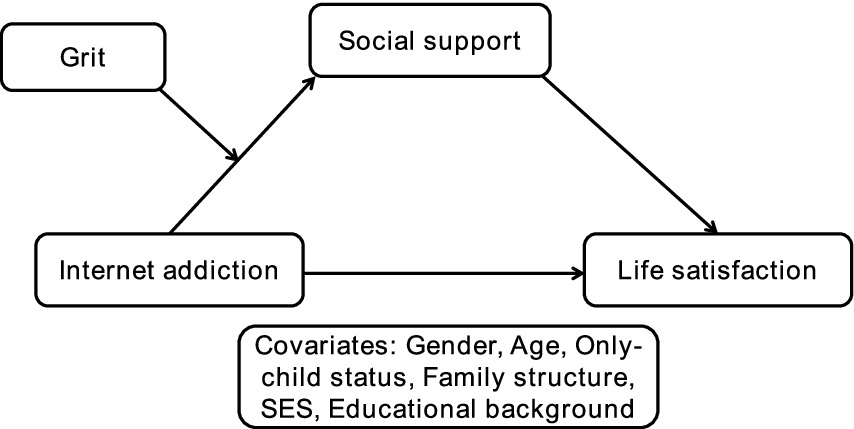 Diagram illustrating relationships between variables. Grit influences Internet addiction and social support. Social support also affects Internet addiction, which in turn affects life satisfaction. Covariates include gender, age, only-child status, family structure, socio-economic status, and educational background.