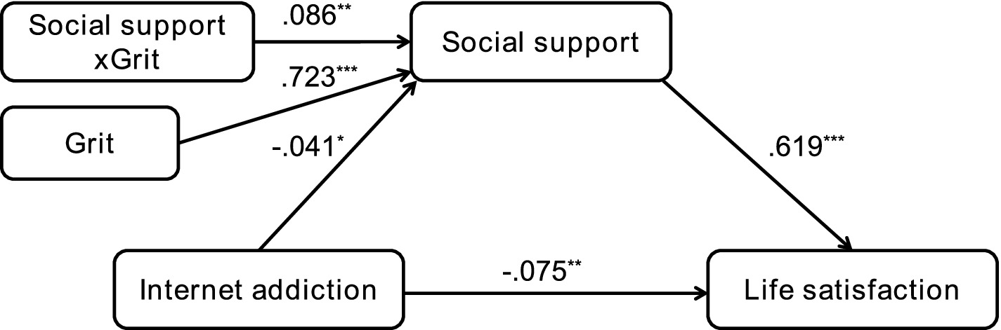 Diagram showing relationships between variables. Social support interacts with grit (.086), strongly influenced by grit (.723). Social support influences life satisfaction (.619), which is negatively affected by internet addiction (-.075). Internet addiction slightly decreases social support (-.041).