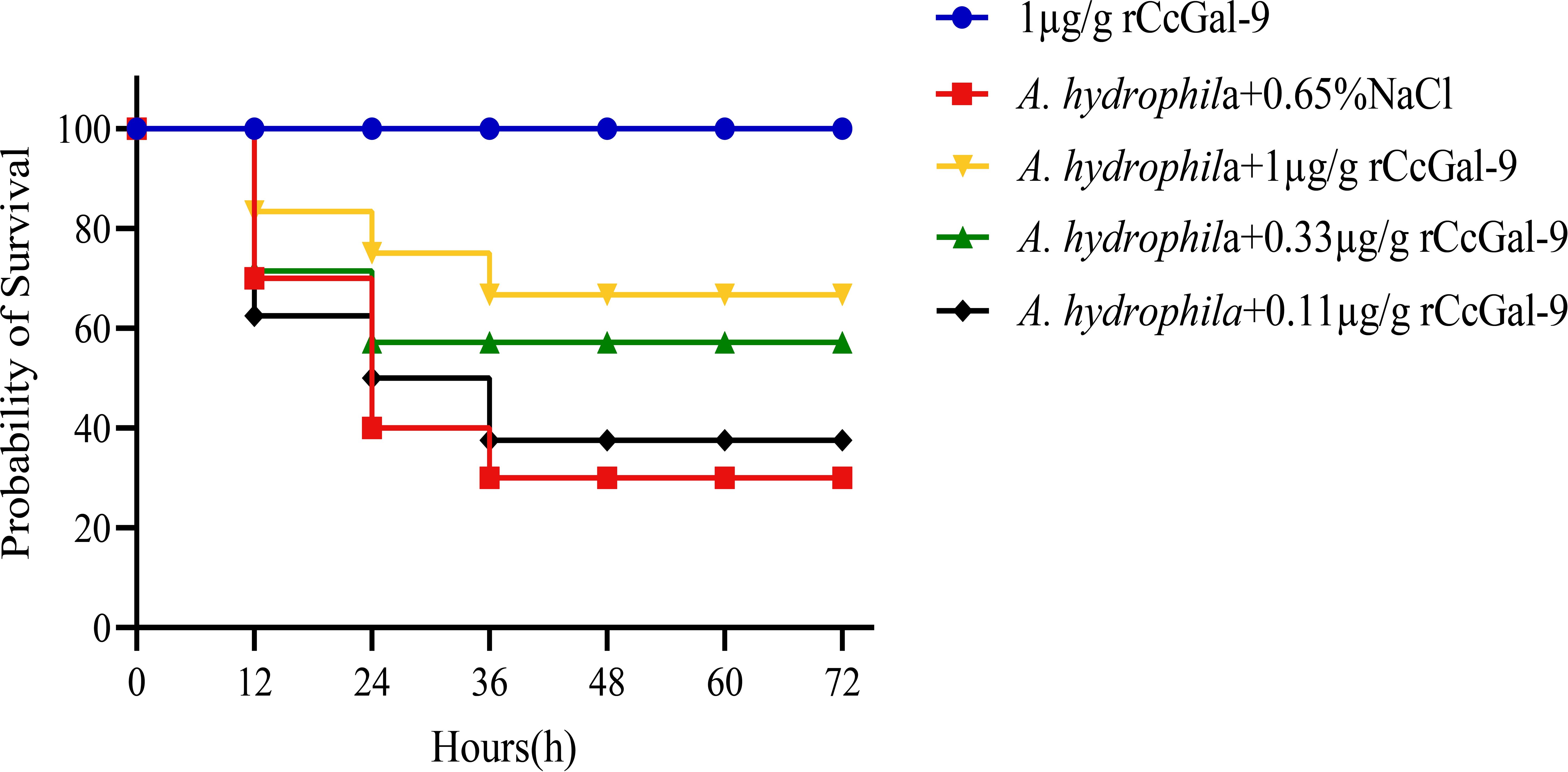 Kaplan-Meier survival curve showing the probability of survival over 72 hours. Different treatments are indicated by colored lines: blue for one microgram per gram rCcGal-9, red for *A. hydrophila* plus 0.65% NaCl, yellow for *A. hydrophila* plus one microgram per gram rCcGal-9, green for *A. hydrophila* plus 0.33 micrograms per gram rCcGal-9, and black for *A. hydrophila* plus 0.11 micrograms per gram rCcGal-9. Statistical significance is noted; only the comparison between *A. hydrophila* plus 0.65% NaCl and one microgram per gram rCcGal-9 shows significance (P=0.0172).