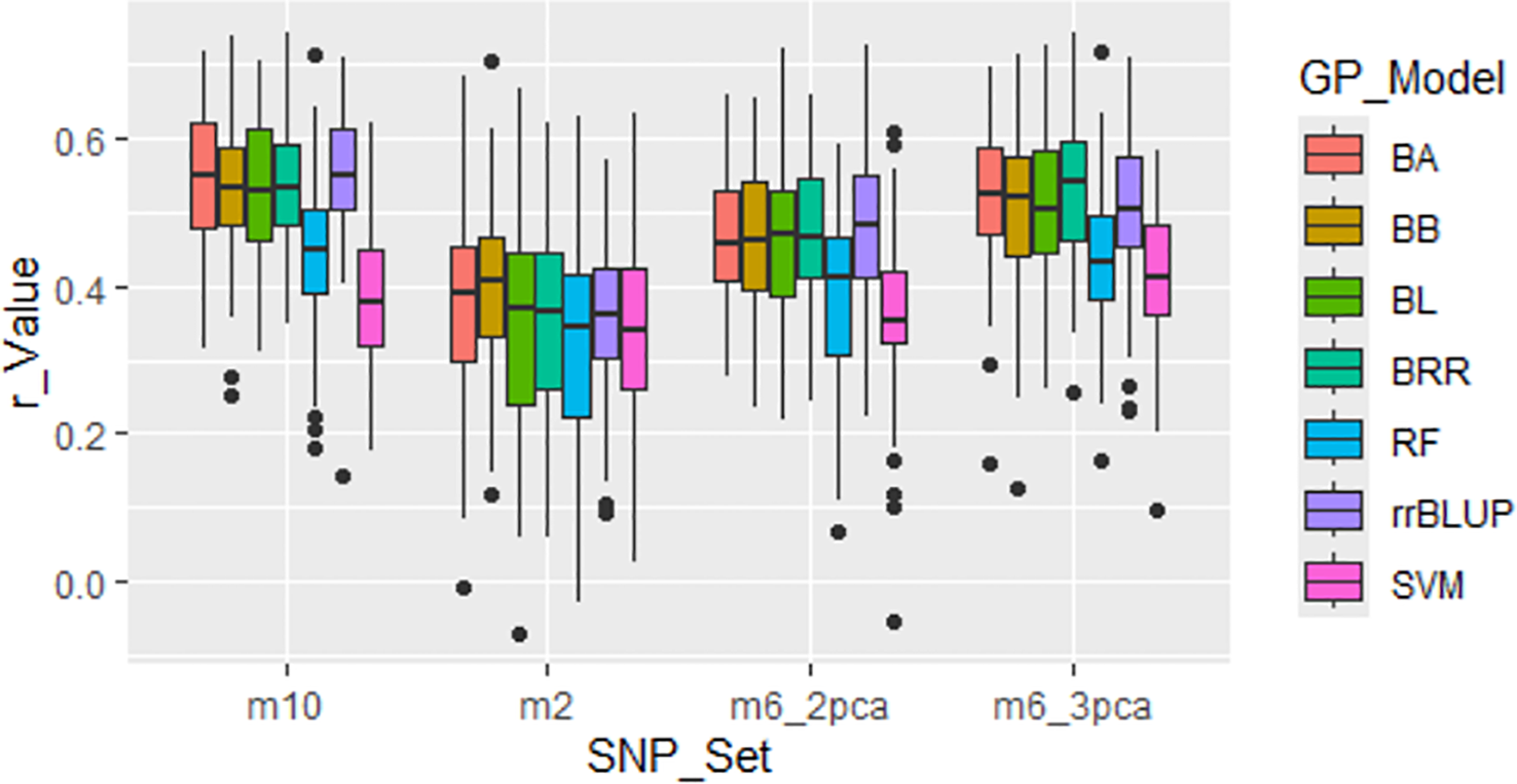 Boxplot showing r-value distributions across different SNP sets labeled m10, m2, m6_2pca, and m6_3pca. Each colored box represents a GP model: BA, BB, BL, BRR, RF, rrBLUP, and SVM. The r-value ranges from 0.0 to 0.7. Outliers are shown as black dots.