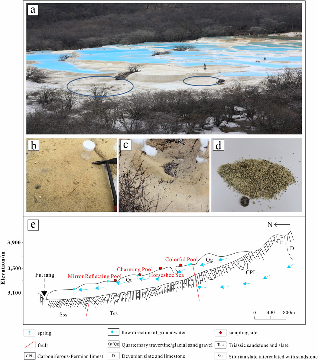 Panel (a) shows a landscape with blue mineral pools and barren terrain. Panel (b) captures a sandy ground with a pickaxe and container. Panel (c) reveals snow on sandy ground with sparse vegetation. Panel (d) displays a sample of sand grains with a coin for scale. Panel (e) is a geological cross-section with various stratifications and features like spring locations, faults, and sampling sites, illustrating elevation and flow direction of groundwater.