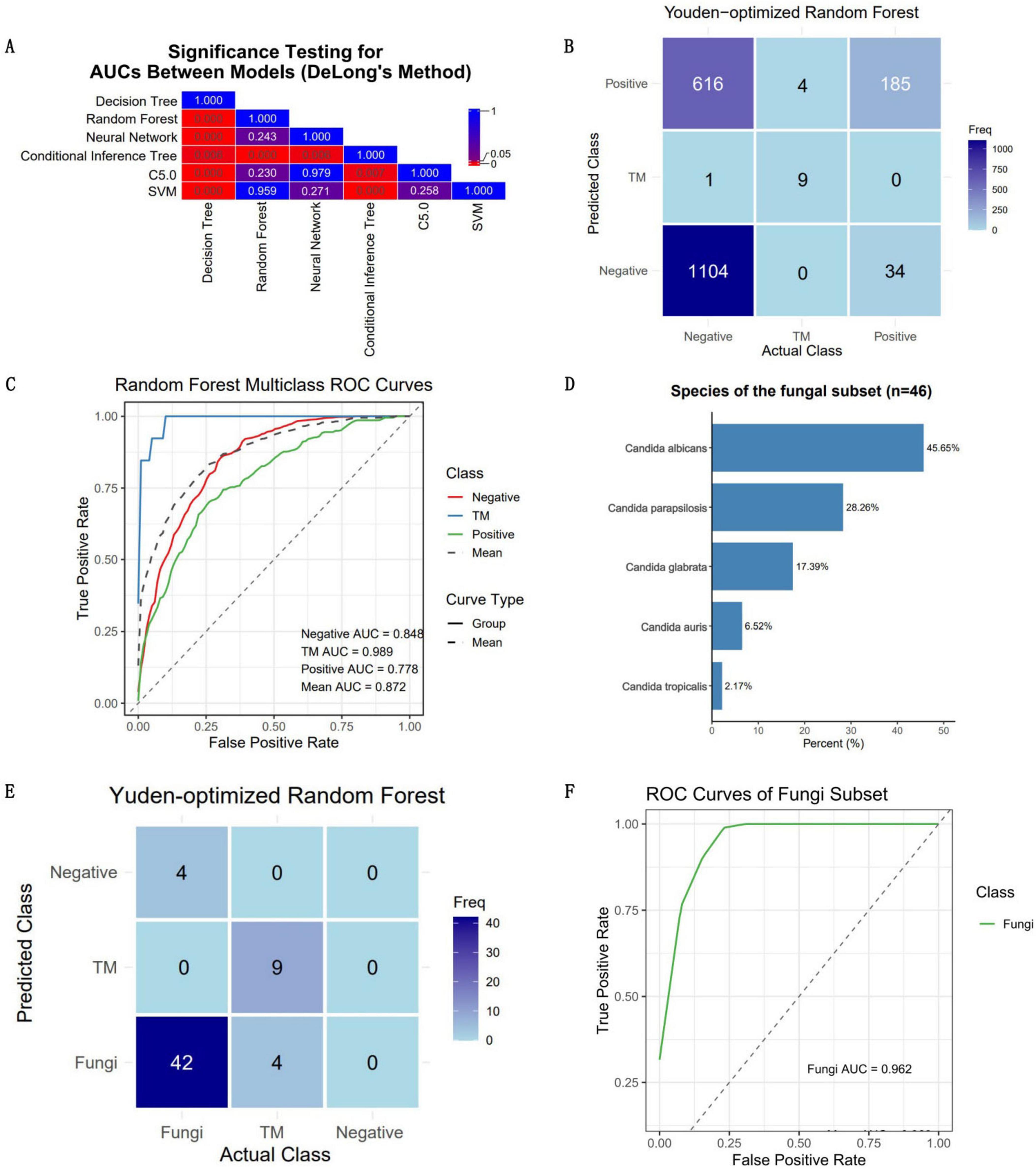 “A multi-panel image with six sections: A) Heatmap showing significance testing for AUCs using DeLong’s method for various models, with color indicating significance level. B) Confusion matrix for Youden-optimized Random Forest, with frequency indicated by color gradient. C) ROC curves of Random Forest model for multiclass classification, presenting AUCs for different classes. D) Bar chart showing species distribution of a fungal subset, with percentages for five Candida species. E) Confusion matrix for Youden-optimized Random Forest in another configuration. F) ROC curve for fungi subset, indicating an AUC of 0.962.”