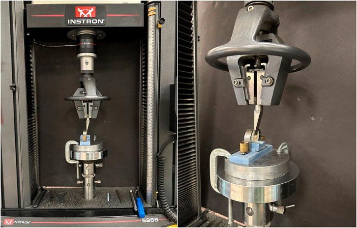 A dual image of an Instron testing machine. The left panel shows the complete setup with a 5 kilonewton capacity labeled machine performing a test. The right panel offers a close-up view of the machine's gripping mechanism holding a specimen in a clamp. Various tools are positioned on the base of the machine.