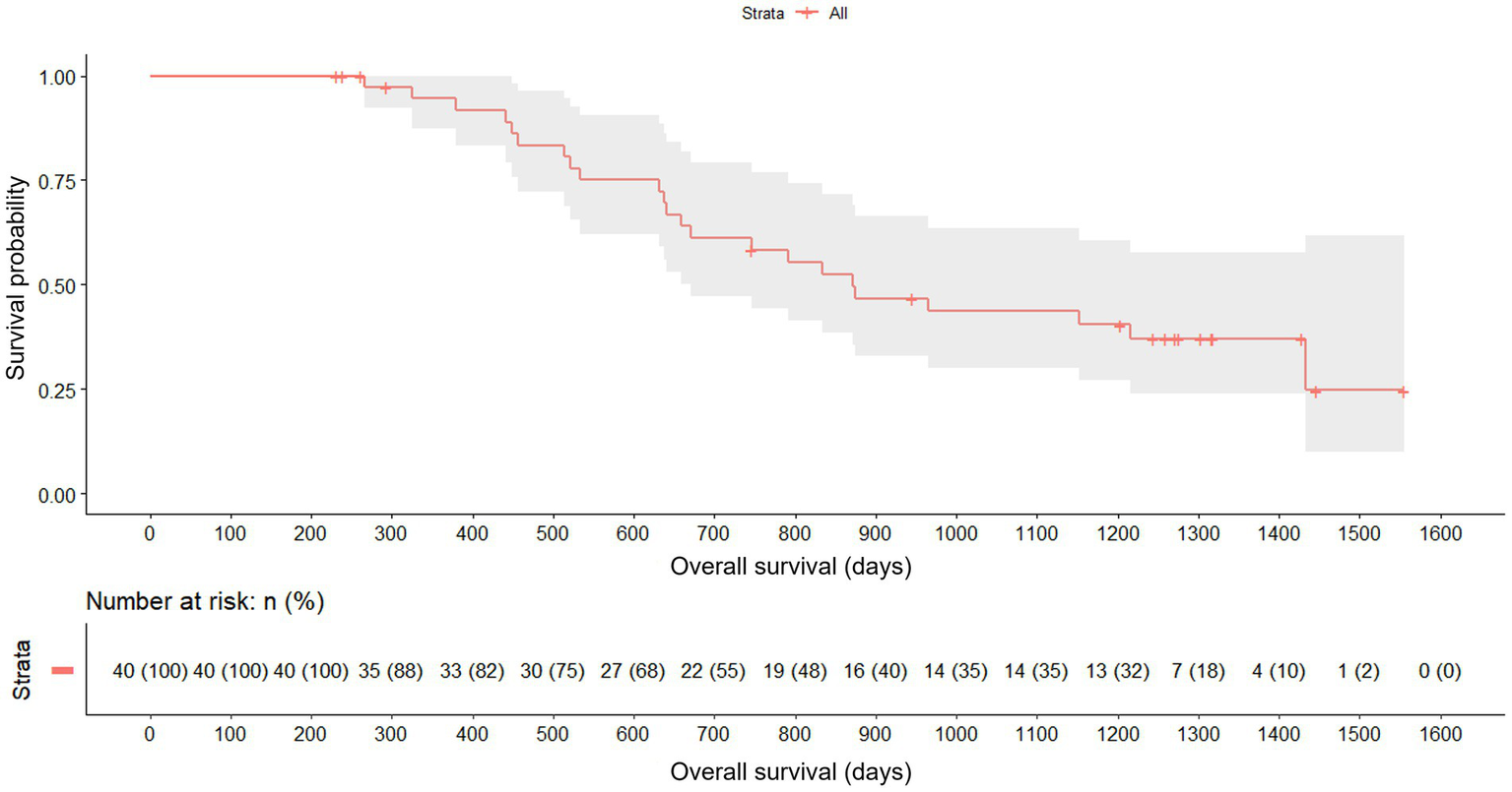 Kaplan–Meier overall survival since baseline for all participants. The survival curve declines gradually across days (0–1600), with shaded confidence intervals and a number-at-risk table beneath.