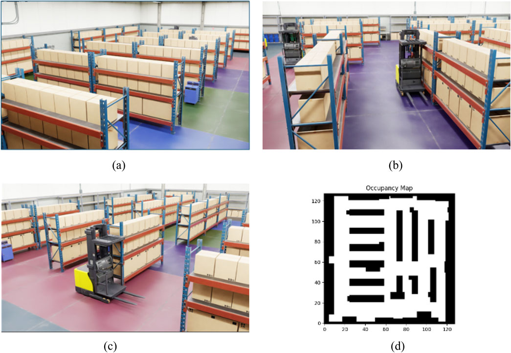 Two images of a warehouse aisle. Image (a) shows a fire extinguisher mounted on a rack with shelves of various items. Image (b) shows a trolley on the right, with the aisle lined by shelves of boxes.
