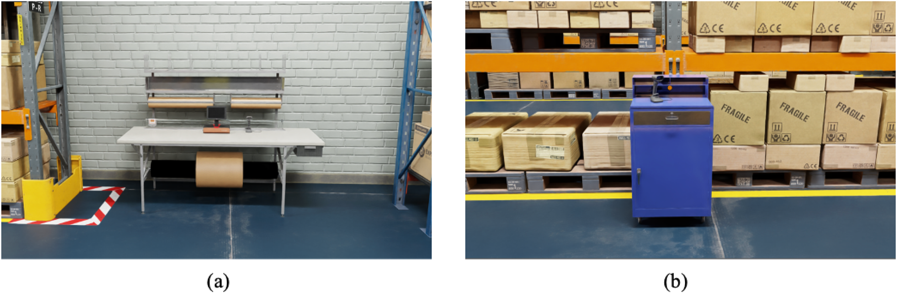 (a) A warehouse with shelves stocked with boxes and a clear pathway for movement. (b) A forklift operates between shelves marked as Aisle 04. (c) A yellow forklift beside stacked shelves filled with boxes. (d) An occupancy map showing the layout and pathways of the warehouse, with black indicating obstacles and white showing clear paths.