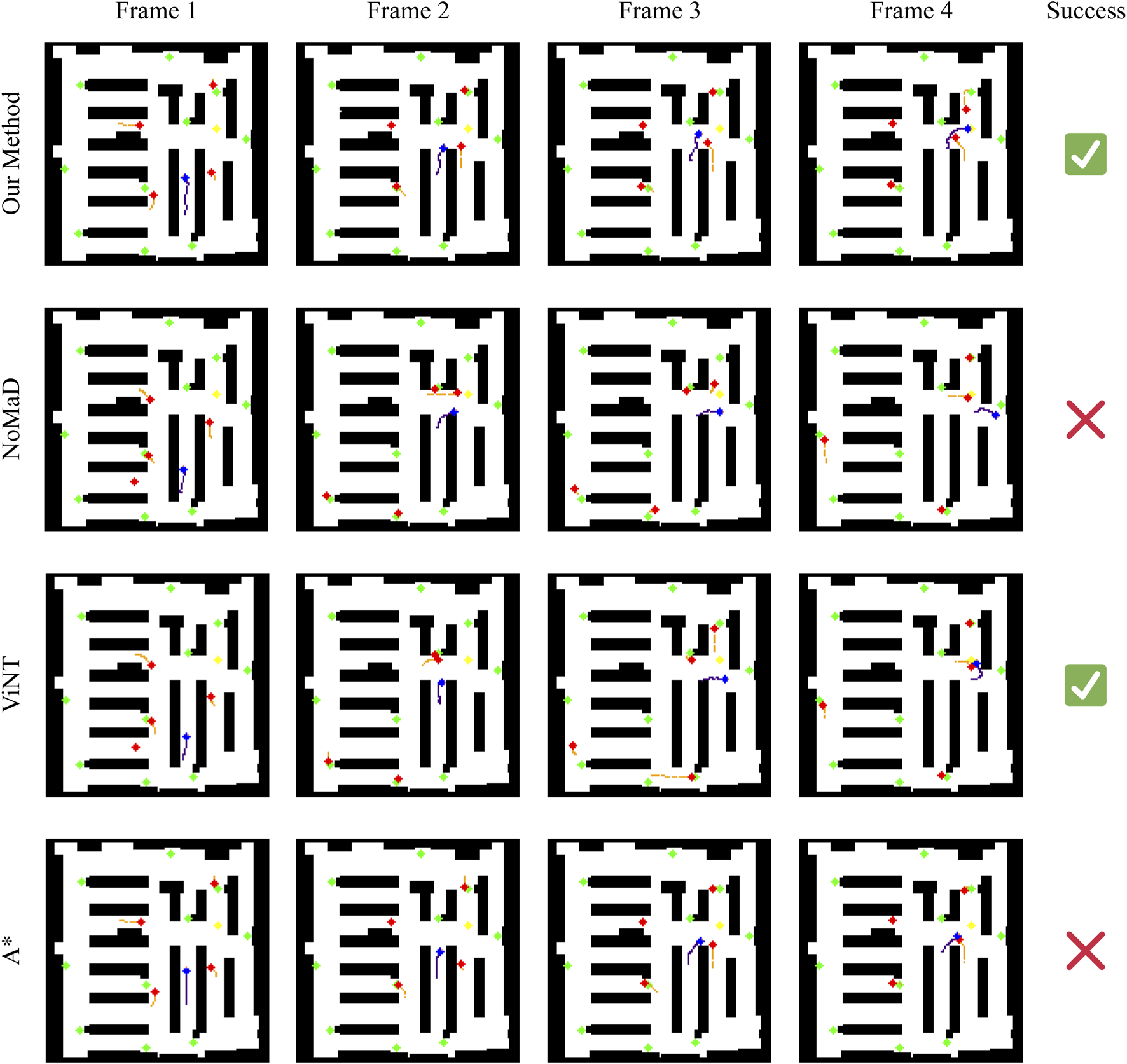 (a) Warehouse with neatly organized shelves filled with boxes. (b) Autonomous forklift navigating through the warehouse aisles. (c) Forklift moving between shelves in the storage area. (d) Occupancy map illustrating the layout of the warehouse with pathways and obstacles.