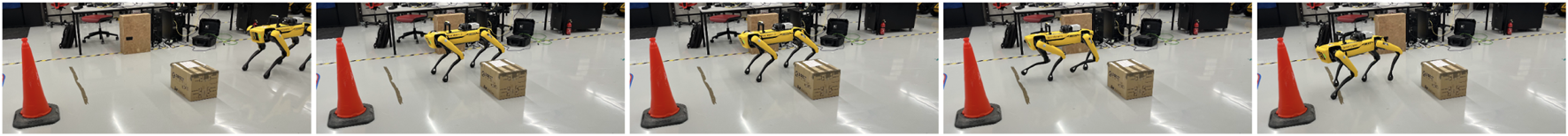 A series of five images shows a yellow robotic dog interacting with a cardboard box in a room with orange traffic cones and various equipment. The robot approaches and positions itself around the box.
