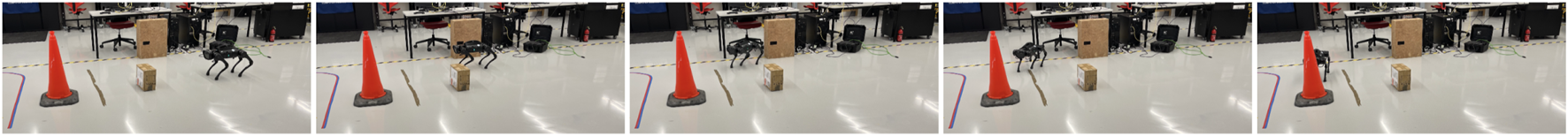 A sequence of images shows a robotic dog navigating a course. The setup includes cones and boxes on a polished floor, with the robot adjusting its path around these obstacles in a lab environment.