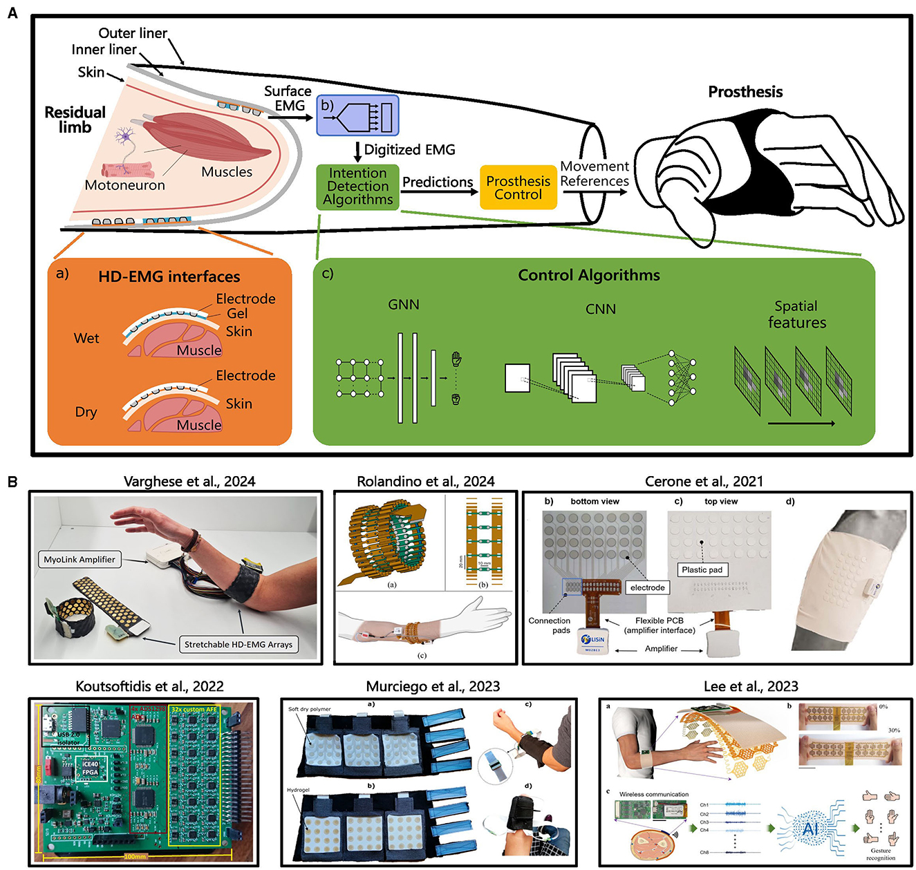 Diagram illustrating prosthesis control using HD-EMG interfaces. Panel 1 shows a digitized EMG process with intention detection and prosthesis control involving GNN and CNN algorithms. Panel 2 includes research examples: Varghese et al., 2024, shows MyoLink Amplifier and HD-EMG arrays; Rolandino et al., 2024, displays flexible electrode arrays; Cerone et al., 2021, features connection pads and amplifier interface; Koutsotfidis et al., 2022, presents circuit boards; Murciego et al., 2023, includes various wearable configurations; Lee et al., 2023, depicts AI and wireless communication integration.