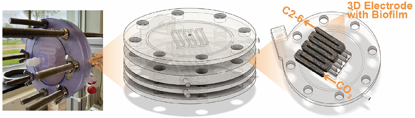 Three-panel figure depicting a serpentine bioelectrochemical reactor. Left: assembled circular stack. Centre: plate-stack schematic (layered plates). Right: serpentine electrode with biofilm, labelled 'C2-6', 'CO2', and '3D electrode with biofilm'