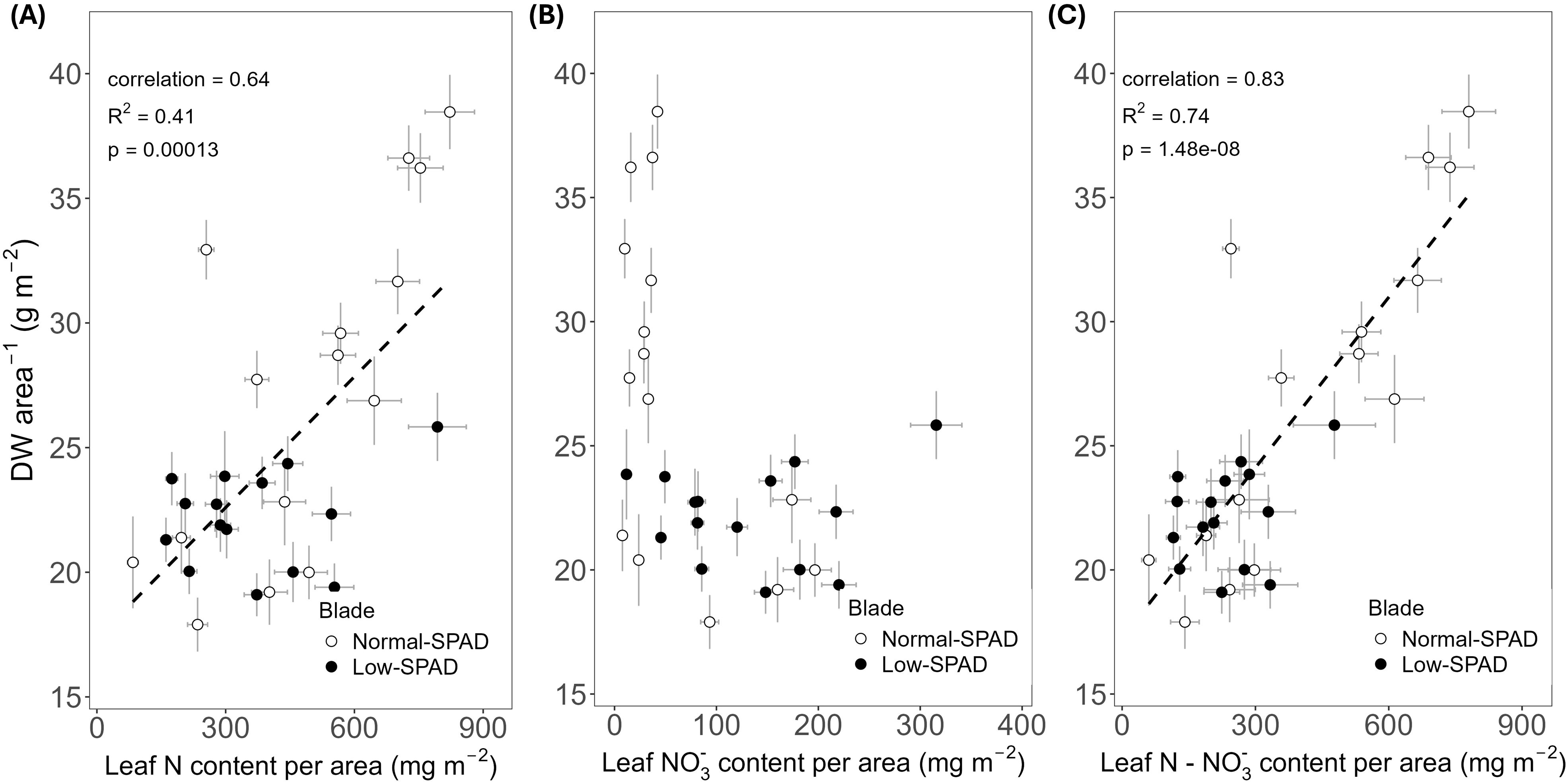 Three scatter plots labeled A, B, and C compare dry weight per area against different leaf contents. Plot A shows a positive correlation with leaf nitrogen content as a dashed line, with correlation coefficient 0.64, R² 0.41 and p-value 0.00013. Plot B shows no clear trend with leaf nitrate content. Plot C shows a strong positive correlation with leaf nitrogen minus nitrate content as a dashed line, with correlation coefficient 0.83, R² 0.74 and p-value 1.48e-08. Both normal-SPAD (open circles) and low-SPAD (closed circles) are depicted.