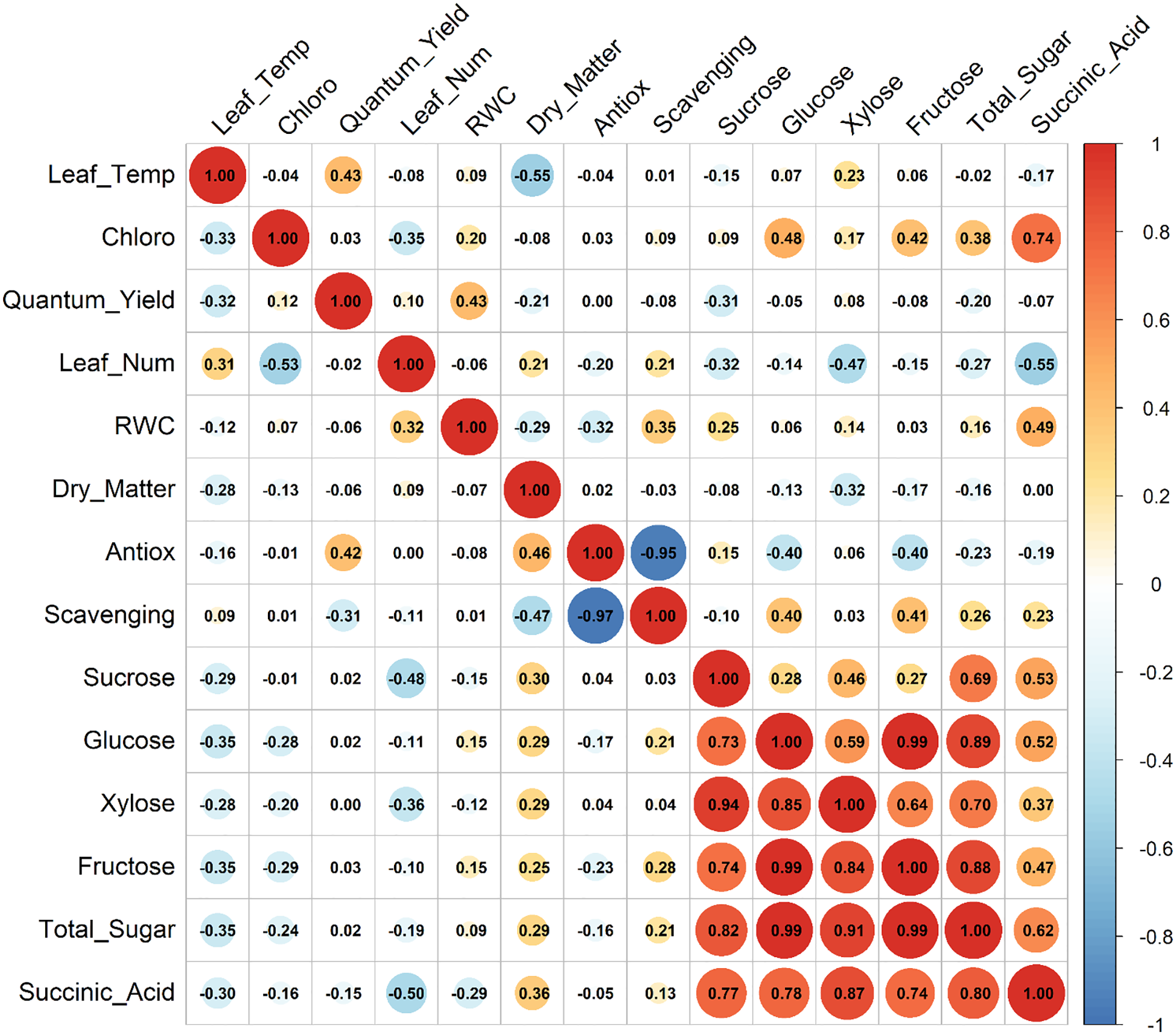 Correlation matrix with variables such as Leaf Temp, Chloro, Quantum Yield, and others. Positive correlations are shown in red, and negative correlations in blue, with circle sizes indicating correlation strength. The color gradient ranges from blue (-1) to red (1).