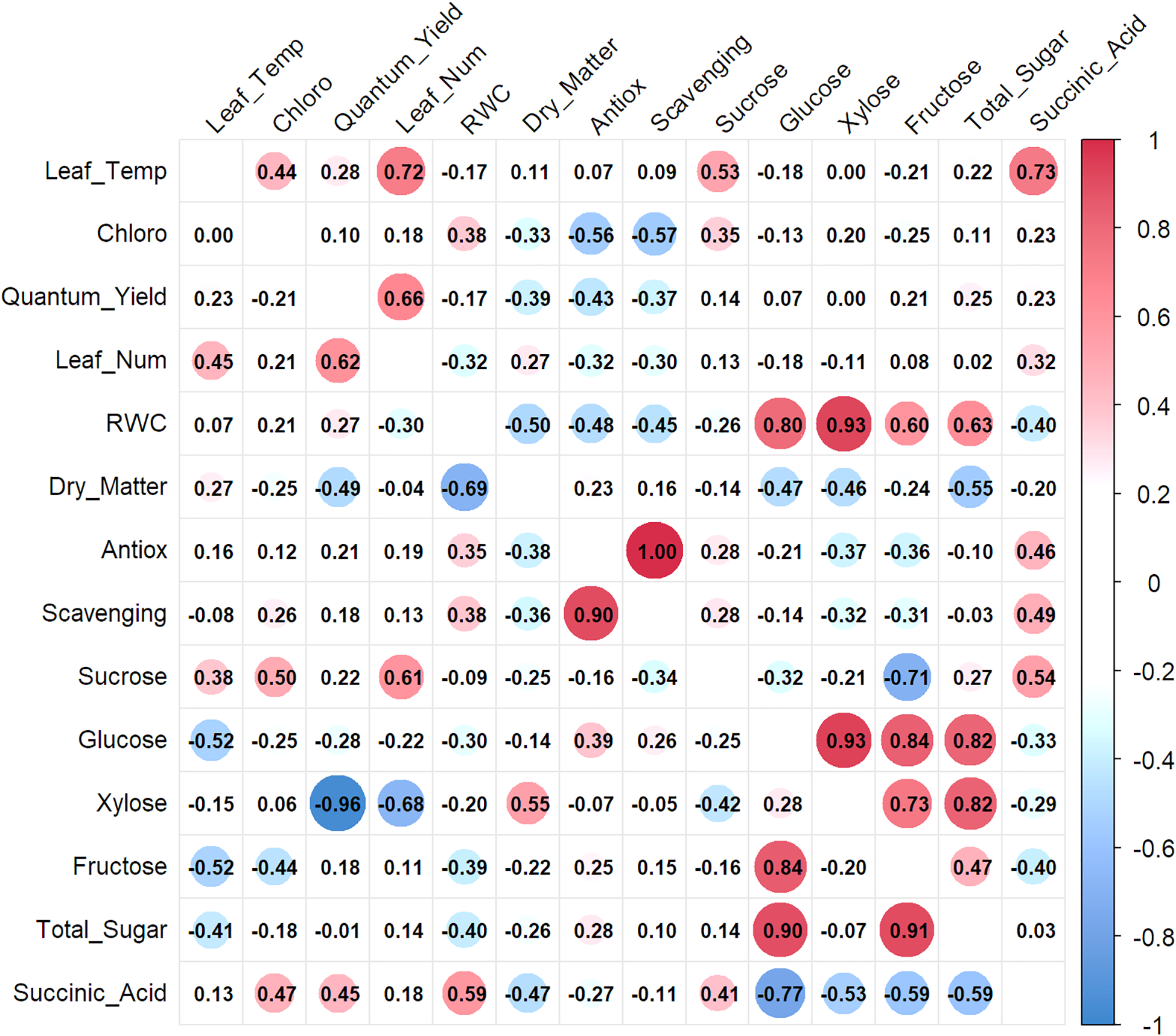 A correlation matrix showing relationships between variables such as Leaf Temp, Chloro, Quantum Yield, and others. Positive correlations are marked in red, negative in blue. Values range from negative one to one, with intensity indicating strength.