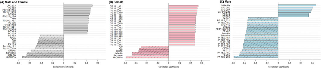 Three bar graphs labeled (A) Male and Female, (B) Female, and (C) Male display correlation coefficients for various metabolites. Each panel includes a list of metabolites on the left and corresponding horizontal bars indicating correlation values. Values range from negative to positive correlations along the x-axis. Certain metabolites like