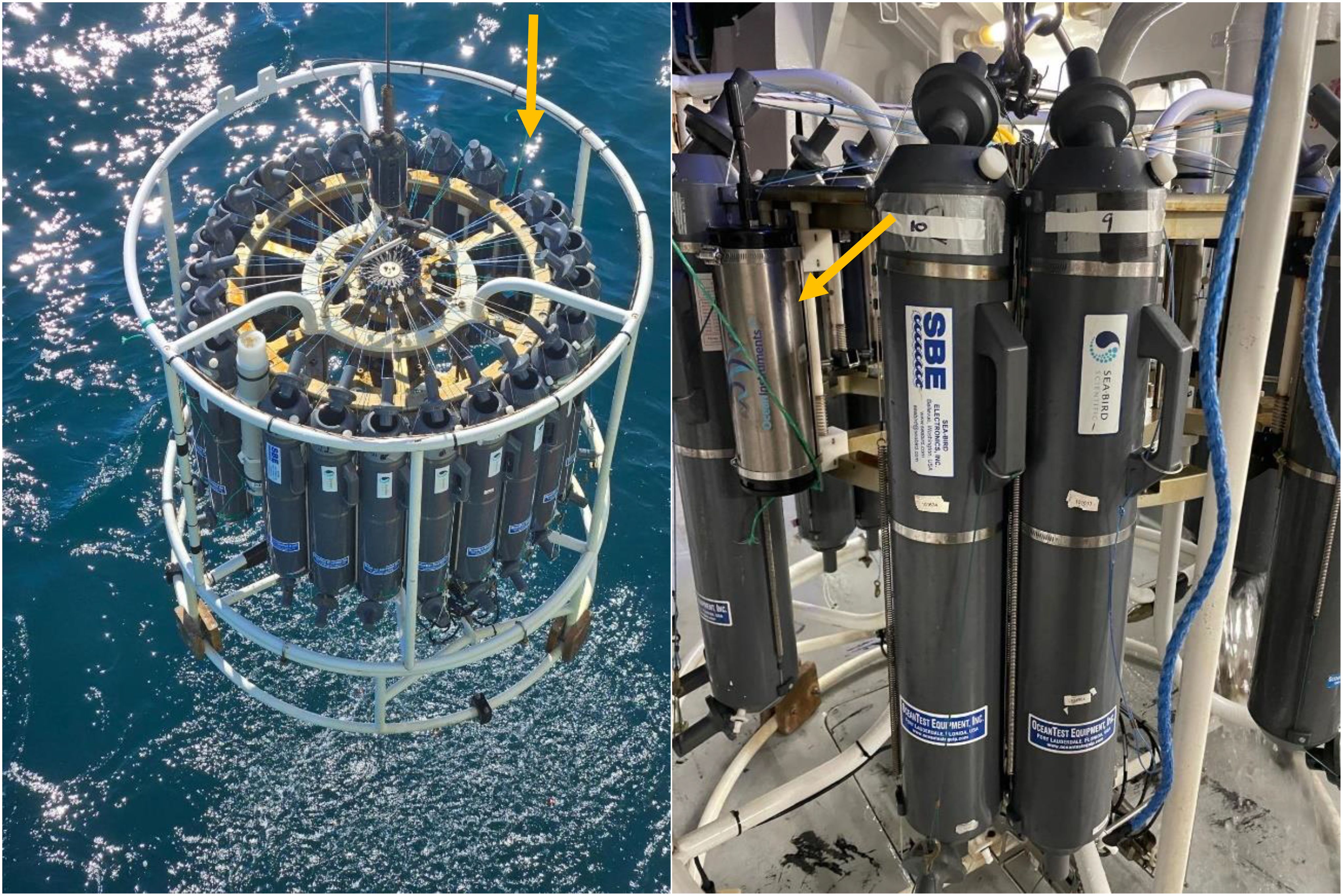 Oceanographic equipment featuring a CTD rosette sampler. Left: The sampler, a circular frame, holds multiple gray Niskin bottles for collecting water samples from various depths. Right: A close-up showcases two Niskin bottles with attached labels, secured by a metal frame. Yellow arrows point to specific bottles in both images.