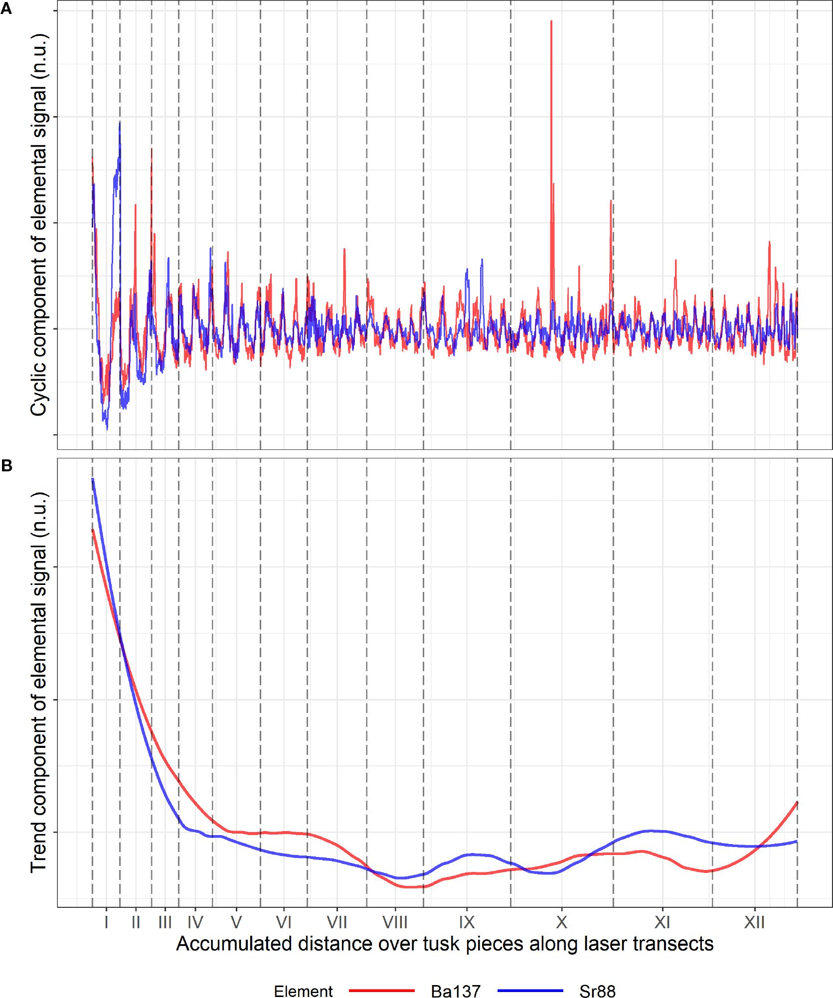 Graph displaying two panels, A and B, related to elemental signals along tusk pieces with laser transects. Panel A shows cyclic components of Ba137 and Sr88, with fluctuating red and blue lines. Panel B shows trend components of the same elements, with both lines decreasing initially and stabilizing. The x-axis represents accumulated distance and is divided into sections I to XII.