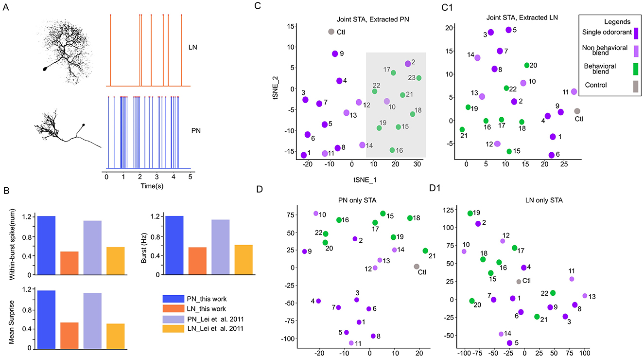 Diagram displaying several data visualizations comparing empirical and generated neural spikes. Panel A shows spikes over time. A1 presents interspike interval comparisons, and A2 compares spike rates. Panels B1 and B2 illustrate empirical and generated unit spikes. Panels C1 and C2 display heatmaps of response indices for empirical and generated data. The color bar indicates the response index scale.