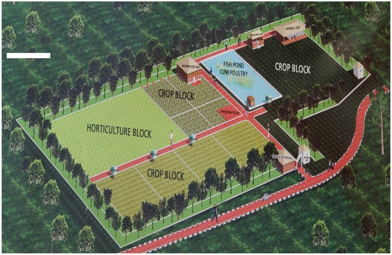 Illustration of an agricultural layout featuring labeled sections including a horticulture block, crop blocks, fish pond with poultry, an animal unit, a mushroom unit, office cum addition hall, and a threshing floor. Pathways provide access throughout the area, surrounded by trees.