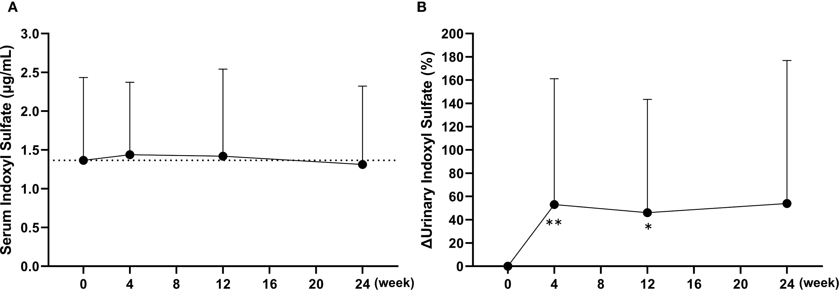 Graph A shows serum indoxyl sulfate levels over 24 weeks, remaining stable around 1.5 micrograms per milliliter. Graph B depicts changes in urinary indoxyl sulfate percentage, with a notable increase at week 4, indicated by two asterisks, followed by a decrease at week 12, marked with one asterisk, and a return to initial levels by week 24.