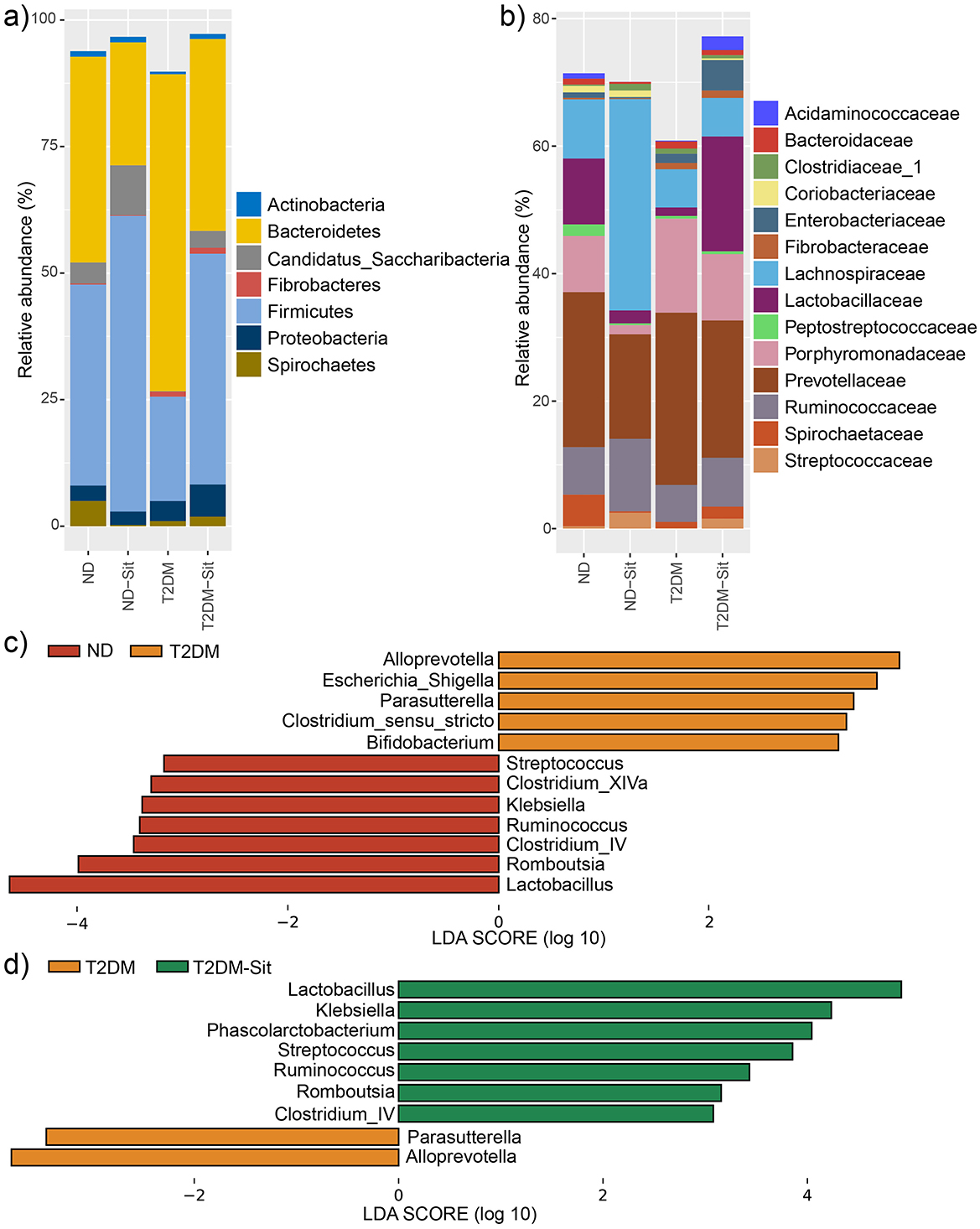 Bar charts showing microbiome compositions and LDA scores for groups ND, ND-Si, T2DM, and T2DM-Si. Chart a) displays phylum-level relative abundance with Bacteroidetes and Firmicutes dominating. Chart b) shows family-level abundance with Prevotellaceae and Bacteroidaceae as major families. Chart c) presents LDA scores highlighting significant genera differences between ND and T2DM. Chart d) illustrates LDA scores for T2DM and T2DM-Si, showing shifts in genera dominance.