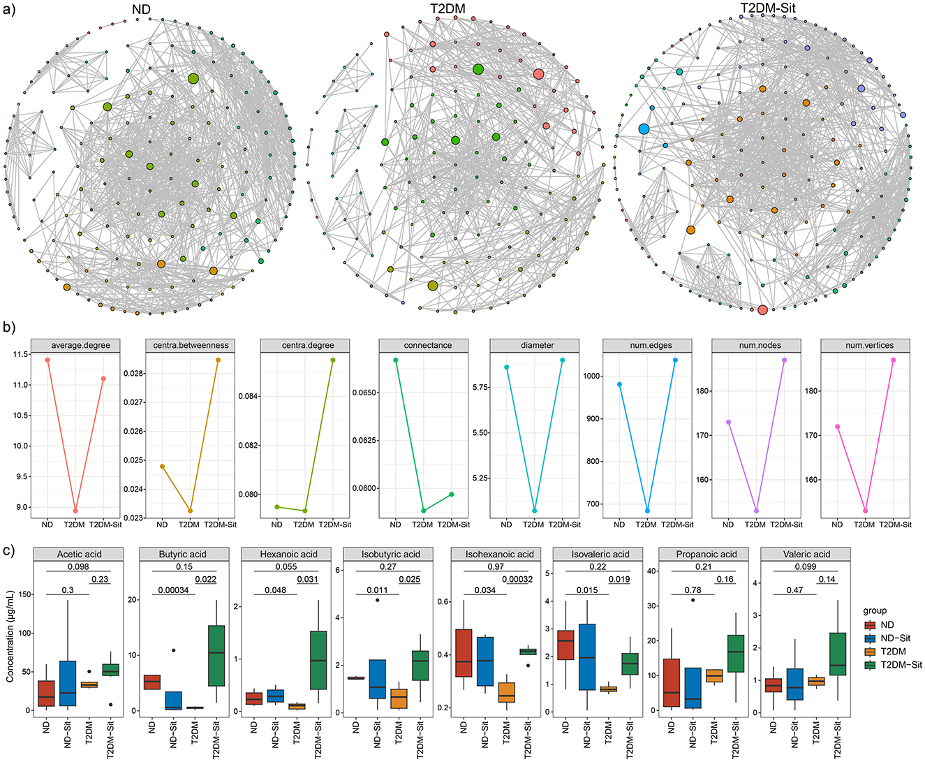 Three network graphs and two sets of charts display data on network and metabolic parameters for ND, T2DM, and T2DM-Sit groups. The graphs illustrate connections and node sizes, while the charts below show measures like average degree, centrality, and metabolite concentrations, including acetic and butyric acids.