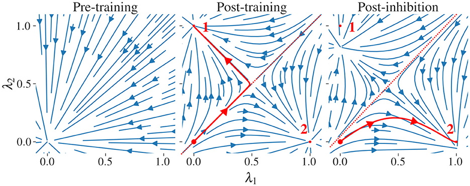 Flow field diagrams illustrating vector changes across three stages: pre-training, post-training, and post-inhibition. The diagrams show directional arrows and paths, with red lines highlighting significant trajectories labeled 1 and 2. Axes are labeled λ1 and λ2.