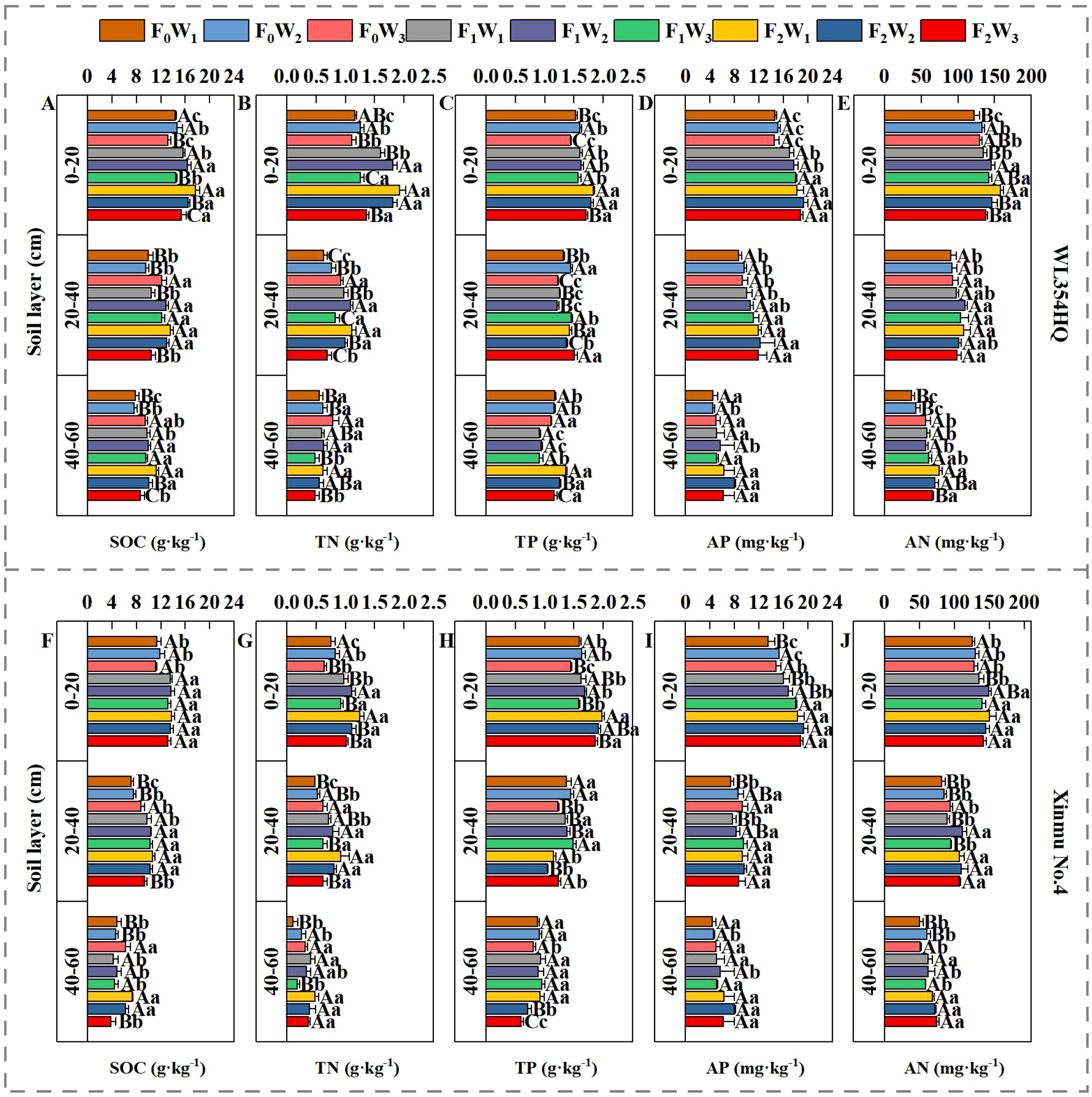 Bar charts comparing the concentration of soil nutrients at different depths (0-20 cm, 20-40 cm, 40-60 cm) under various treatments. Charts labeled A to E represent DYSTA treatments for SOC, TN, TP, AP, and AN respectively, showing data for eight treatment combinations. Charts F to J represent XINMU N34 treatments for the same soil layers and variables, also displaying data for eight treatment combinations. The x-axis in each chart shows the concentration, and the y-axis denotes soil depth layers. Different treatment groups are color-coded.