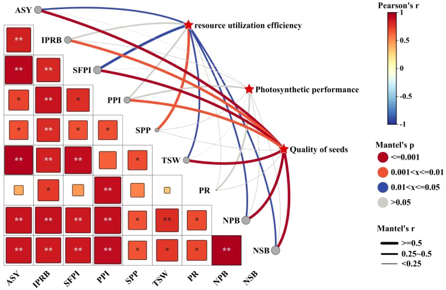 Correlation matrix and network diagram illustrating relationships among variables like ASY, IPRB, SFPI, and more. Colors depict significance, ranging from red (0.001) to blue (>0.05), with line thickness showing Pearson's r strength. Key variables include resource utilization efficiency, photosynthetic performance, and quality of seeds.