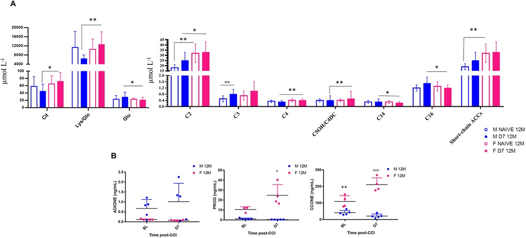 Graph A shows metabolite concentrations, measured in micromoles per liter, comparing male and female subjects over different conditions and times. Significant differences are indicated with asterisks. Graph B presents hormone levels, measured in nanograms per milliliter, at baseline and a specific time post-CCI, differentiating between male and female subjects. Data points and error bars indicate variation and significant differences marked with symbols.