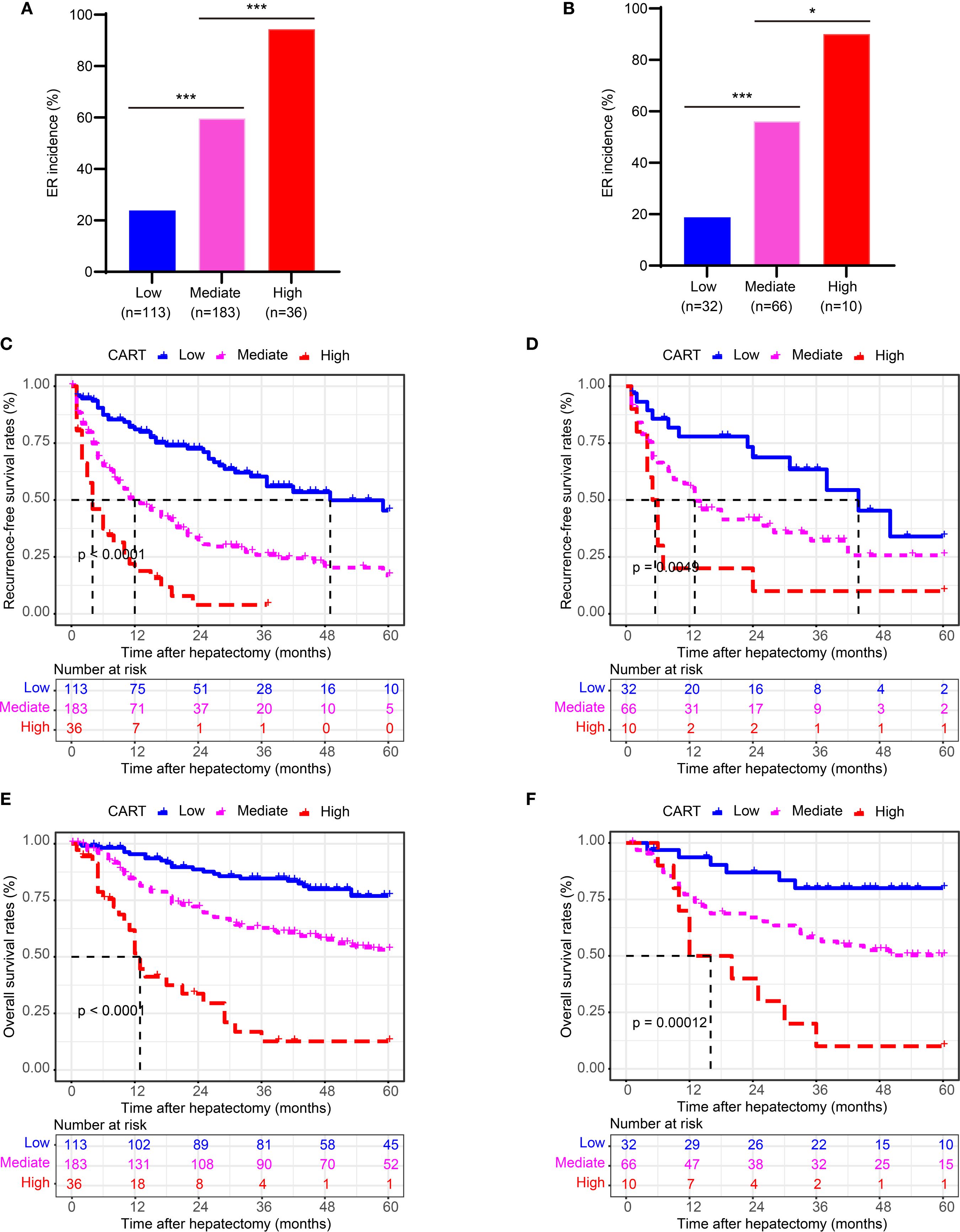 Line graphs panels A, B, C, and D display AUC(t) values of eight models over time after hepatectomy: CART, BCLC, Okuda, TNM, CNLC, French, CLIP, and JIS. Each line is colored distinctly. The x-axis represents time in months, ranging from 15 to 45, while the y-axis represents AUC(t) from 0.5 to 1.0. Each panel shows fluctuations in model performance over time.