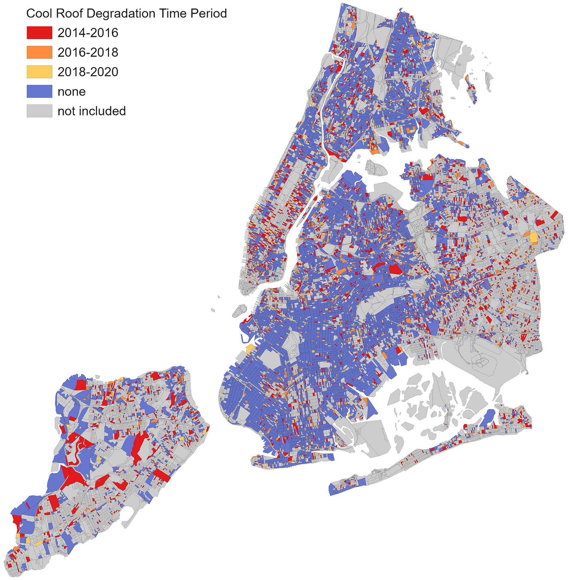 Map of New York City showing cool roof degradation trends across the study’s time period. Areas are color-coded: red represents blocks with cool roof degradation that occurred between 2014-2016, orange for blocks that experienced degradation between 2016-2018, and yellow for blocks that experienced degradation between 2018-2020. Blue represents blocks that did not experience cool roof degradation during the study period. Gray represents census blocks that were not included in the study.