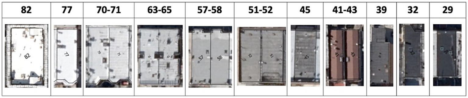 A series of aerial views depicting rooftops with surface solar reflectivity values numbered sequentially from 82 to 29. Each rooftop displays distinct rooftop features and layouts, with numbers prominently marked in the center of each section.