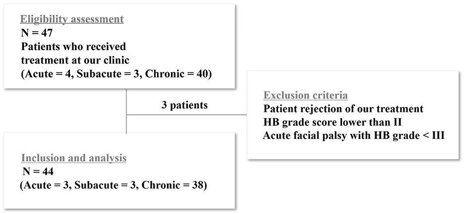 Flowchart detailing patient eligibility and inclusion in a study. Eligibility assessment shows 47 patients receiving treatment, divided into acute (4), subacute (3), and chronic (40). Three patients were excluded due to rejection of treatment, HB grade score lower than II, or acute facial palsy with HB grade less than III. Inclusion and analysis yielded 44 patients, categorized as acute (3), subacute (3), and chronic (38).