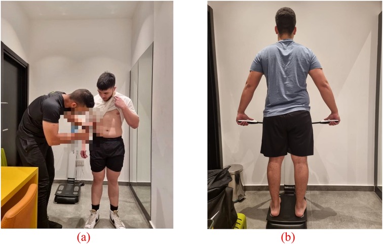 (a) A person is standing while another person uses a body measurement device on their abdomen. The person being measured has their shirt lifted. (b) A person stands on a scale, holding a handle attached to ropes, viewed from behind.