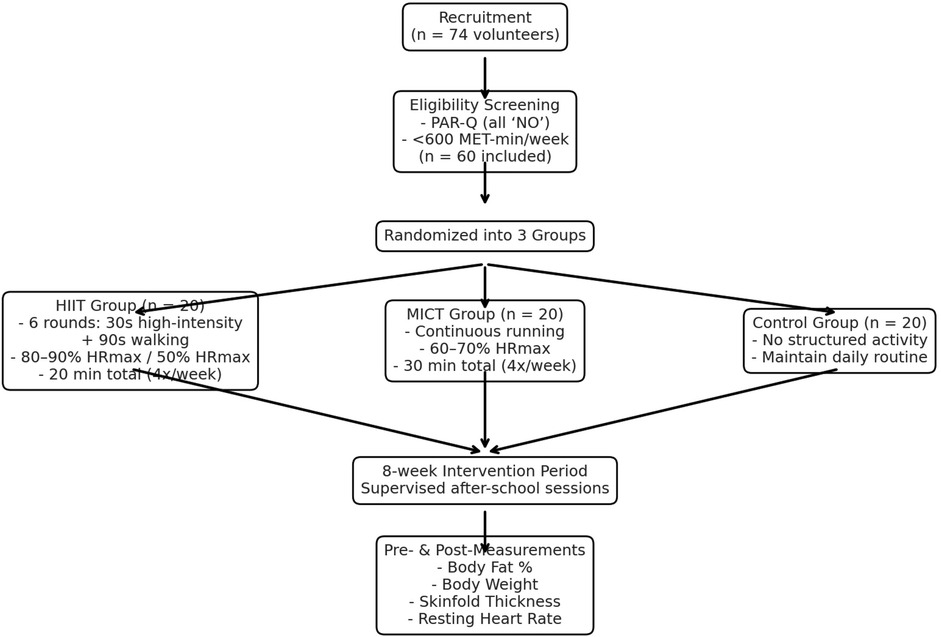Flowchart of a research study process. Initial recruitment of seventy-four volunteers is mentioned. Eligibility screening filters them to sixty participants who are randomized into three groups: HIIT Group (high-intensity interval training), MICT Group (moderate-intensity continuous training), and Control Group (no structured activity). Each group undergoes an eight-week supervised intervention. Pre- and post-measurements assess body fat percentage, body weight, skinfold thickness, and resting heart rate.