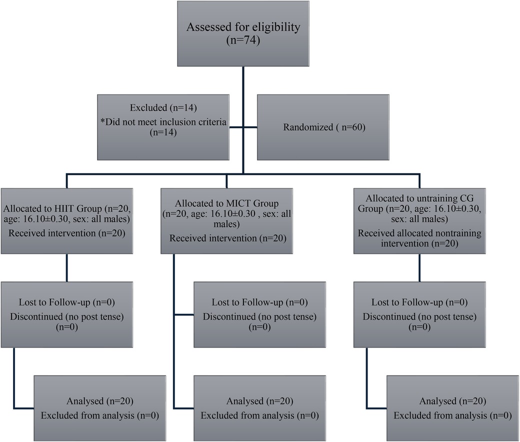 Flowchart showing a study's participant allocation and outcomes. Out of seventy-four assessed for eligibility, fourteen were excluded. Sixty were randomized into three groups: HIIT, MICT, and untraining CG, each with twenty males, average age 16.0. All received interventions. No participants were lost or discontinued. Analyses included all participants.
