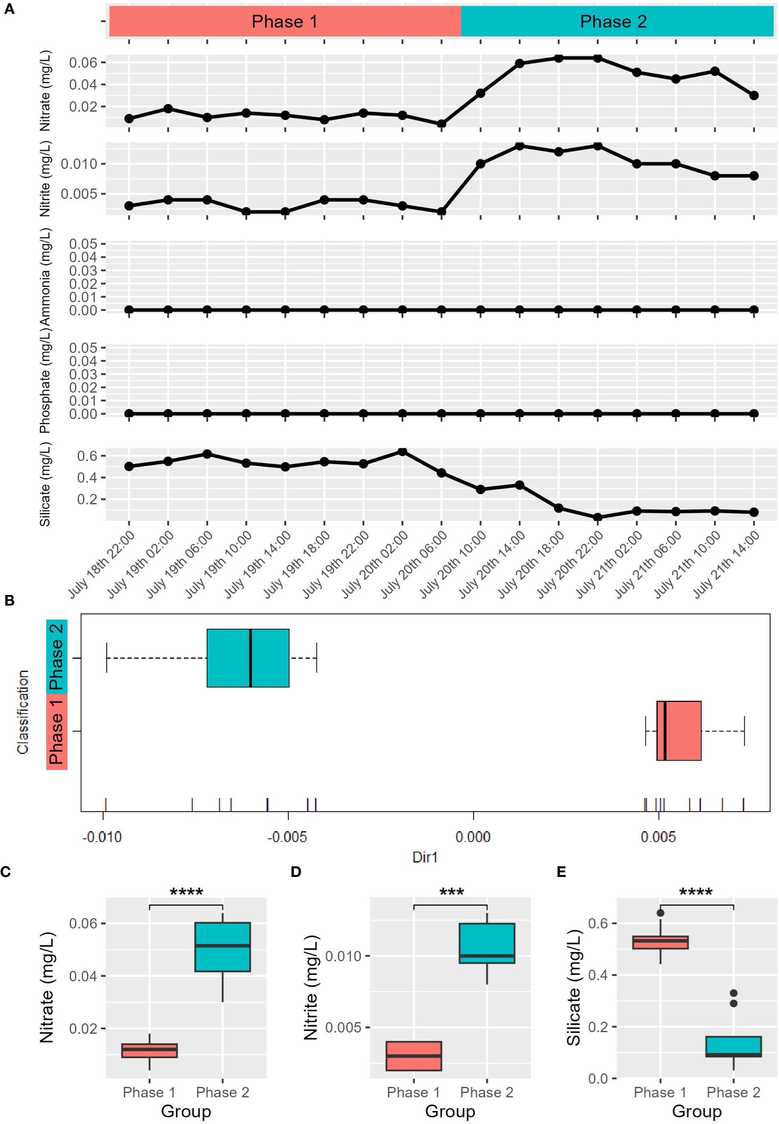 Graphical data showing phases of water quality. A: Line graphs tracking concentrations of nitrate, nitrite, ammonia, phosphate, and silicate from July 18th to July 21st. Phase 1 and 2 are highlighted. Nitrate and nitrite increase in Phase 2. B: Based on nitrate, nitrite, and silicate concentrations of the “in situ” samples, the “in situ” samples were projected onto the “Dir1” dimension. They were classified into Phase 1 and Phase 2. The boxplot illustrates the distribution of these samples along Dir1 across two phases. C, D, E: Boxplots for nitrate, nitrite, and silicate concentrations between Phase 1 and 2. Silicate is higher in Phase 1, while nitrate and nitrite are higher in Phase 2. Significance levels indicated by asterisks.