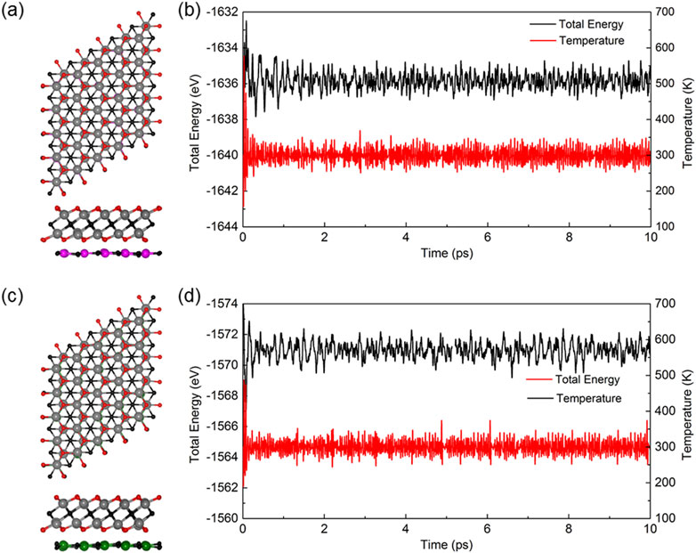 Two panels depict chemical structures and corresponding energy-temperature graphs. Panel (a) shows a molecular structure with a graph displaying fluctuating total energy and temperature over time. Panel (b) presents a similar structure with a graph indicating variations in total energy and temperature, with slightly different values and trends. Both graphs have time on the x-axis, energy on the left y-axis, and temperature on the right y-axis.