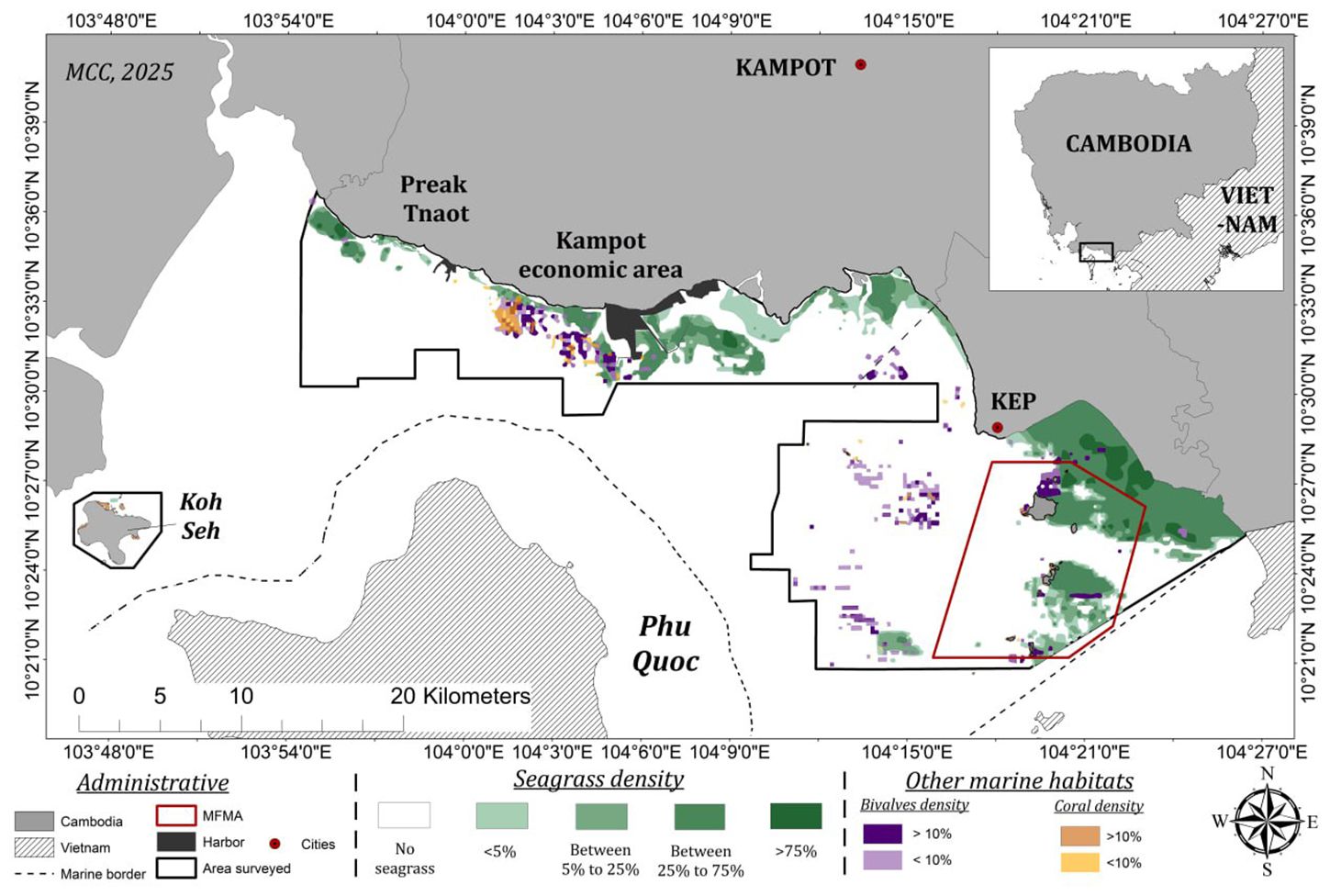 Map of a coastal area in Cambodia, highlighting seagrass and marine habitats. Seagrass density ranges from less than five percent to over seventy-five percent. Bivalve and coral densities are also marked. Administrative boundaries, cities like Kampot and Kep, and regions such as Koh Seh and Phu Quoc are identified. Insets show regional context with borders and surveyed areas.