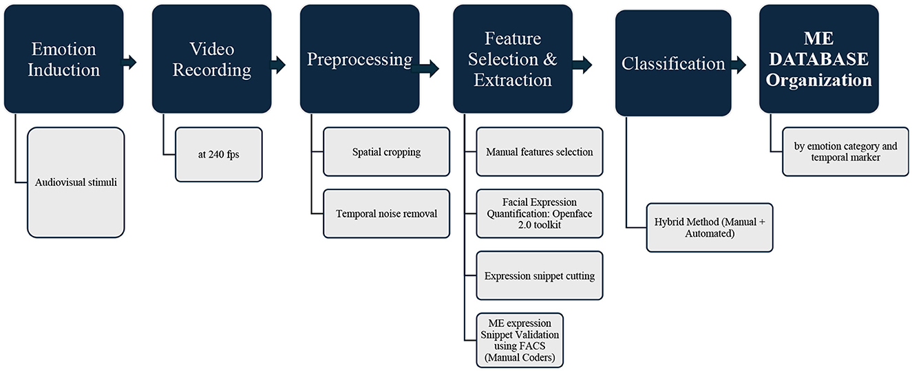 Flowchart of micro-expression analysis workflow. Stages include Emotion Induction via audiovisual stimuli, Video Recording at 240 fps, Preprocessing with spatial cropping and temporal noise removal, Feature Selection and Extraction with manual selection, facial expression quantification using OpenFace 2.0, snippet cutting, and FACS validation. Classification uses a hybrid manual and automated method, leading to ME Database Organization by emotion category and temporal marker.