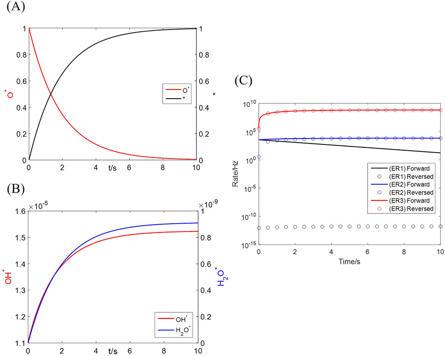 Three graphs are displayed: (A) shows the concentration change of O* (red) decreasing and * (black) increasing over 10 seconds. (B) illustrates the increasing trend of OH* (red) and H2O* (blue) concentrations over 10 seconds. (C) depicts rate changes for three reactions, ER1, ER2, and ER3, with forward and reversed rates, showing different levels of stabilization over 10 seconds.