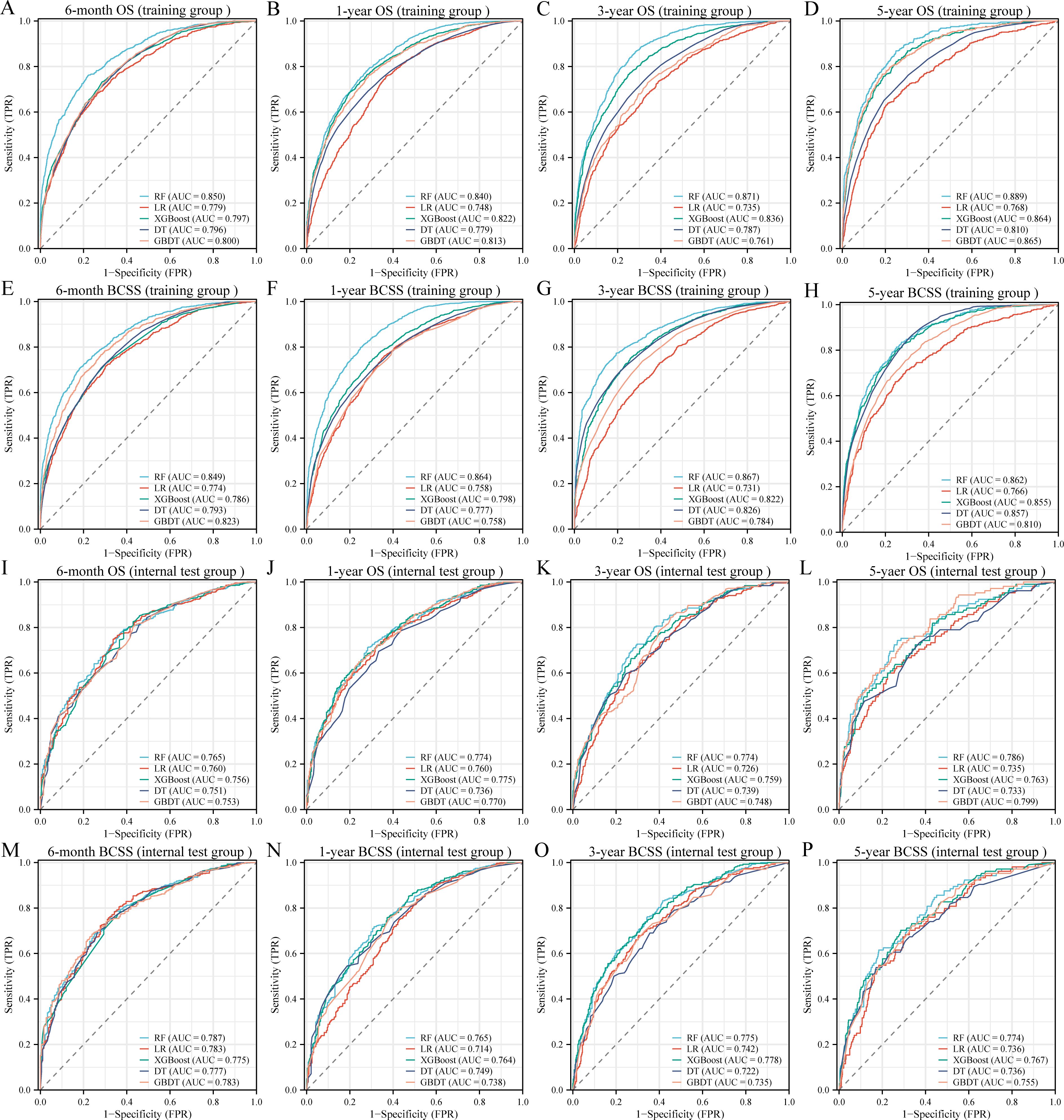 Sixteen ROC curves showing model performance for survival outcomes. Panels A-D and I-L illustrate overall survival (OS) for 6-month, 1-year, 3-year, and 5-year forecasts in training and internal test groups. Panels E-H and M-P depict breast cancer-specific survival (BCSS) for the same intervals and groups. Each curve represents different models: Random Forest (RF), Logistic Regression (LR), XGBoost (XGB), Decision Tree (DT). AUC values measure model accuracy, with RF often showing the highest AUC. Sensitivity and specificity are plotted on the y and x axes, respectively.