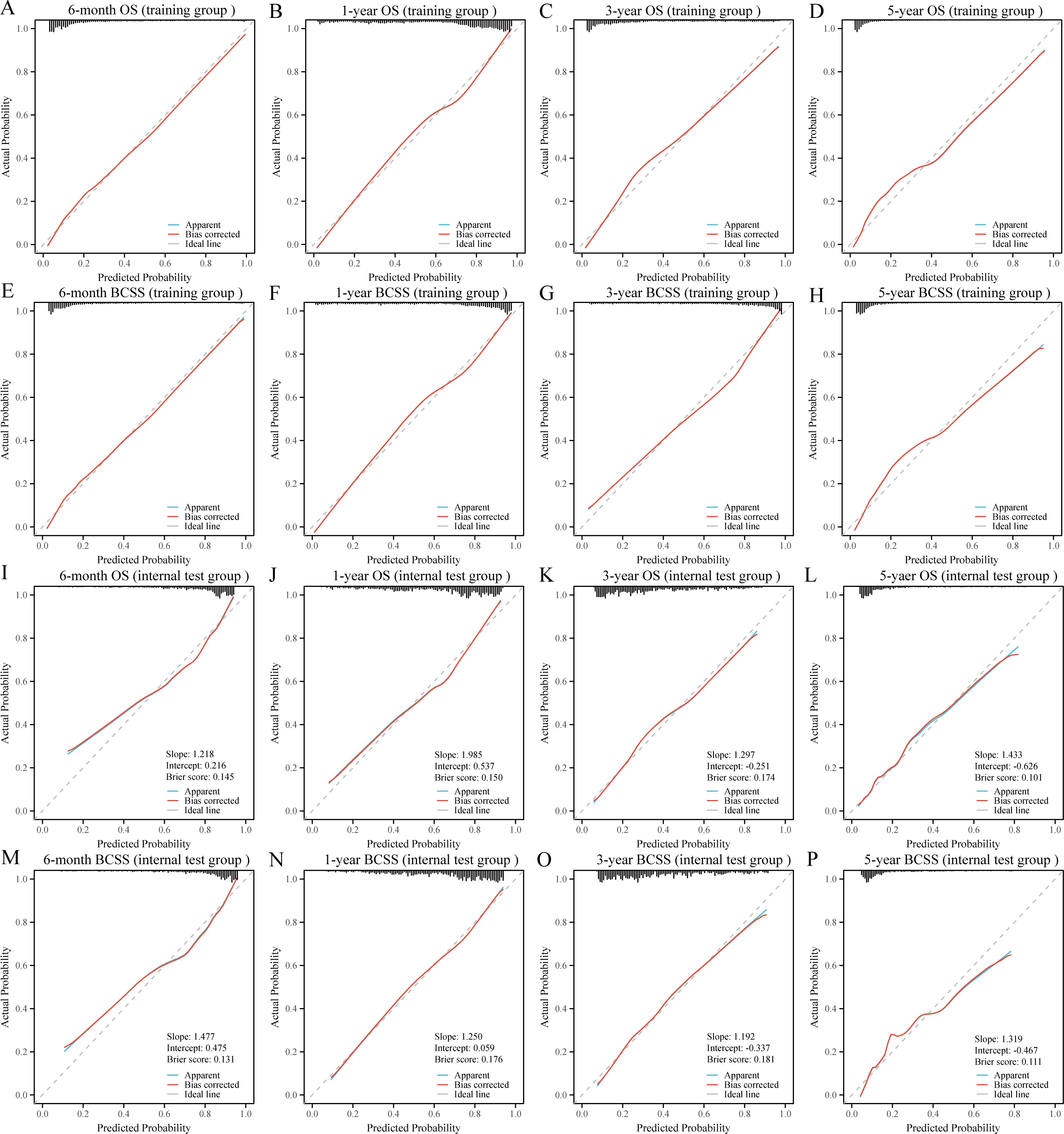Grid of calibration plots showing predicted versus actual probabilities for overall survival (OS) and breast cancer-specific survival (BCSS) at 6-month, 1-year, 3-year, and 5-year intervals. The charts are divided into training and internal test groups, labeled A to H for training and I to P for testing. Each plot includes curves for apparent, bias-corrected, and ideal predictions, with slopes and intercepts noted for test group plots.