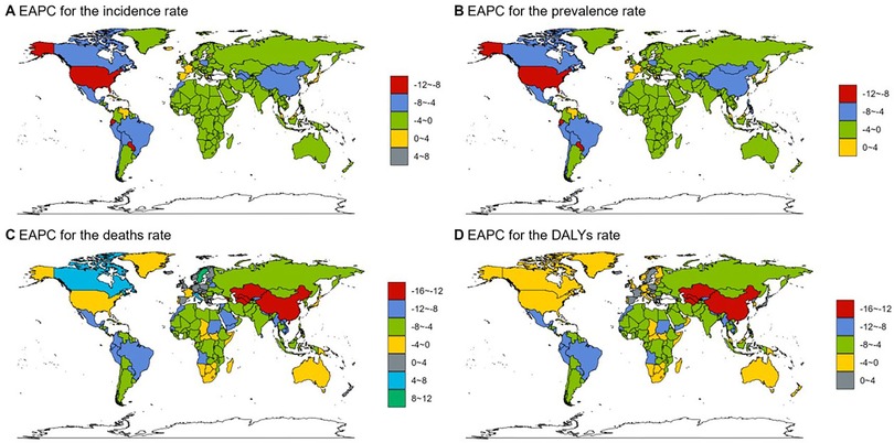 Four world maps showing estimated annual percentage change (EAPC) rates for different metrics. Map A depicts the incidence rate, Map B the prevalence rate, Map C the deaths rate, and Map D the disability-adjusted life years (DALYs) rate. Colors range from red for the highest negative change to green for the highest positive change. Each map uses the same color scheme to represent changes in these metrics globally.