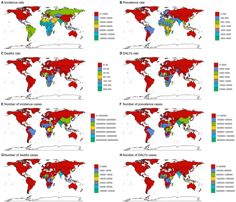 World maps divided into eight panels labeled A to H, each depicting data for different health metrics across countries. Panel A shows incidence rate; Panel B, prevalence rate; Panel C, death rate; Panel D, DALYs rate; Panel E, number of incidence cases; Panel F, number of prevalence cases; Panel G, number of death cases; Panel H, number of DALYs cases. Each uses a color gradient from red to green to indicate data ranges, with red representing the highest values and green the lowest. Legends on each map provide data value ranges.